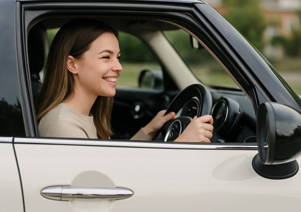 Chica feliz conduciendo con el carnet de conducir